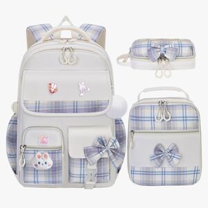 🐰3pc Girls Plaid Bunny & Bow Backpack/Lunchbox/Case Set- Beige, Blue, & Purple